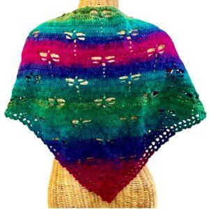 Crochet Shawl Cowl Wrap Dragonfly Cut Outs 54" x 26" Colorful Acrylic Handmade